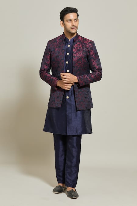Aryavir Malhotra Maroon Jacket Jacquard Woven Floral Abstract Kurta Set