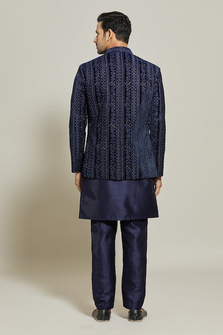 Shop Arihant Rai Sinha Blue Velvet, Silk Embroidery Jacket Pant Set at Aza Fashions Shop_Arihant Rai Sinha_Blue Velvet, Silk Embroidery Jacket Pant Set_at_Aza_Fashions