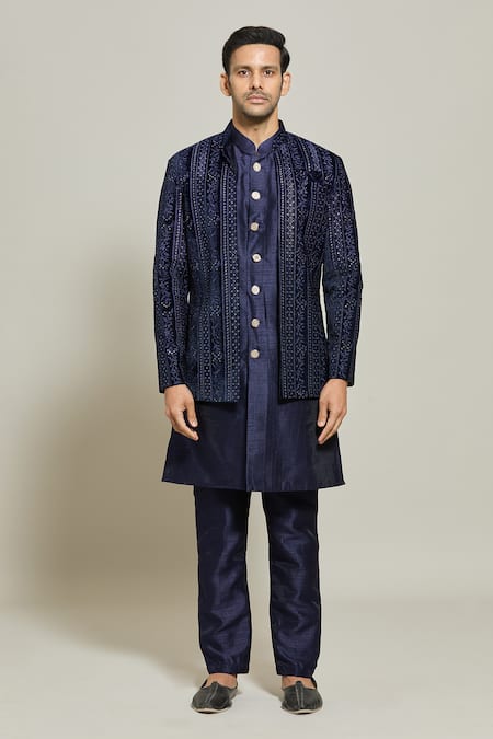 Buy Arihant Rai Sinha Blue Velvet, Silk Embroidery Jacket Pant Set Online at Aza Fashions Buy_Arihant Rai Sinha_Blue Velvet, Silk Embroidery Jacket Pant Set_Online_at_Aza_Fashions