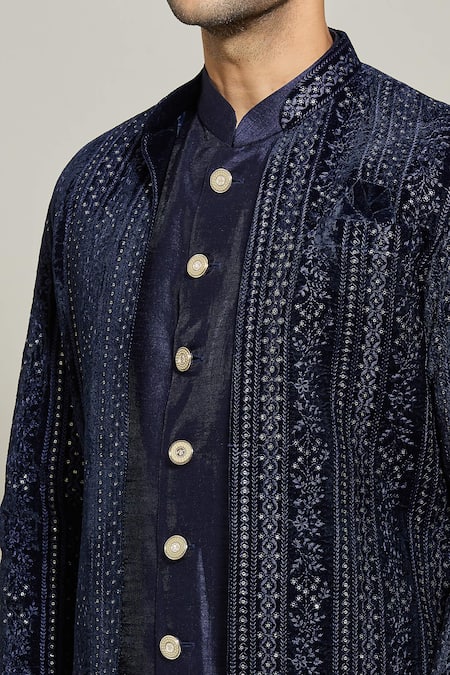 Shop Arihant Rai Sinha Blue Velvet, Silk Embroidery Jacket Pant Set Online at Aza Fashions Shop_Arihant Rai Sinha_Blue Velvet, Silk Embroidery Jacket Pant Set_Online_at_Aza_Fashions