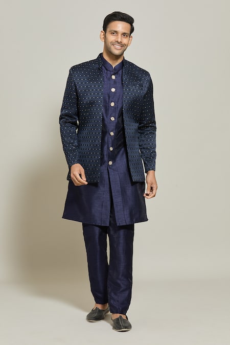 Aryavir Malhotra Blue Jacket Jacquard Embroidered Sequin Geometric Pattern Woven Kurta Set 