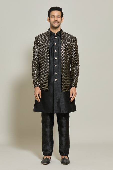 Buy_Arihant Rai Sinha_Black Georgette, Silk Sequins Embroidered Jacket Pant Set _Online_at_Aza_Fashions