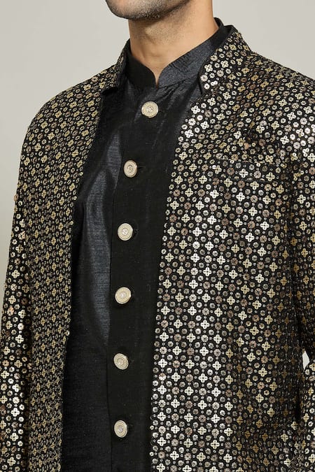 Shop_Arihant Rai Sinha_Black Georgette, Silk Sequins Embroidered Jacket Pant Set _Online_at_Aza_Fashions