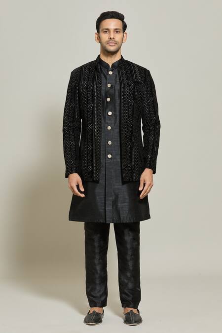 Buy_Arihant Rai Sinha_Black Velvet, Silk Sequins, Embroidery Thread And Jacket Pant _Online_at_Aza_Fashions