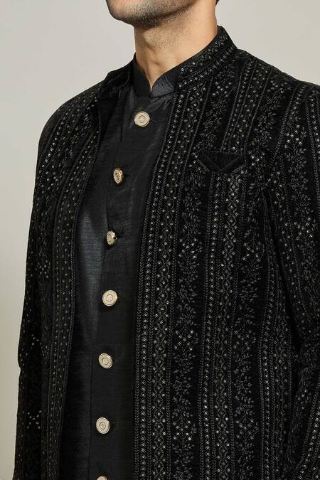 Shop_Arihant Rai Sinha_Black Velvet, Silk Sequins, Embroidery Thread And Jacket Pant _Online_at_Aza_Fashions