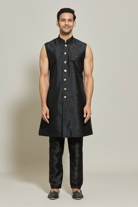 Arihant Rai Sinha_Black Georgette, Silk Sequins, Embroidery And Thread Jacket Kurta Set_Online_at_Aza_Fashions