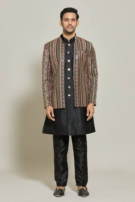 Buy_Arihant Rai Sinha_Black Georgette, Silk Sequins, Embroidery And Thread Jacket Kurta Set_Online_at_Aza_Fashions