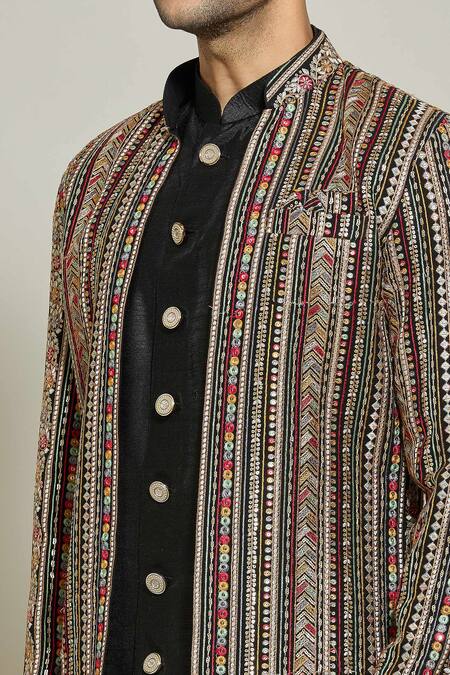 Shop_Arihant Rai Sinha_Black Georgette, Silk Sequins, Embroidery And Thread Jacket Kurta Set_Online_at_Aza_Fashions