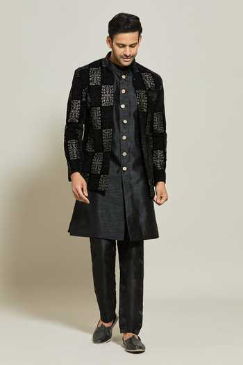 Aryavir Malhotra_Black Jacket Velvet, Kurta And Pant Silk Sequin Geometric Pattern Set _Online_at_Aza_Fashions
