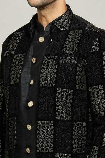 Buy_Aryavir Malhotra_Black Jacket Velvet, Kurta And Pant Silk Sequin Geometric Pattern Set _Online_at_Aza_Fashions