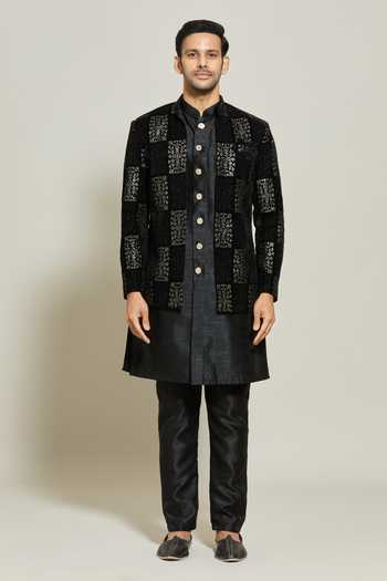 Buy_Aryavir Malhotra_Black Jacket Velvet, Kurta And Pant Silk Sequin Geometric Pattern Set 