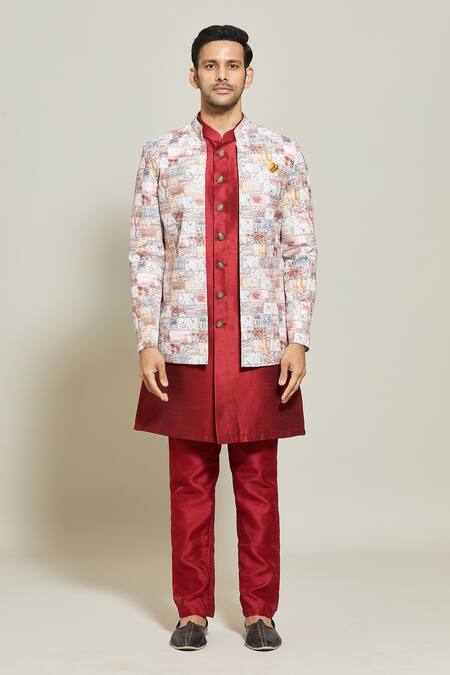 Shop Arihant Rai Sinha White Silk, Cotton Geometric Pattern Jacket Pant Set Online at Aza Fashions Shop_Arihant Rai Sinha_White Silk, Cotton Geometric Pattern Jacket Pant Set _Online_at_Aza_Fashions