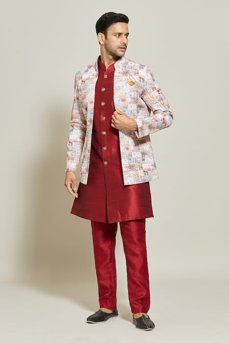 Arihant Rai Sinha White Silk, Cotton Geometric Pattern Jacket Pant Set at Aza Fashions Arihant Rai Sinha_White Silk, Cotton Geometric Pattern Jacket Pant Set _at_Aza_Fashions