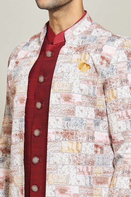 Buy Arihant Rai Sinha White Silk, Cotton Geometric Pattern Jacket Pant Set Buy_Arihant Rai Sinha_White Silk, Cotton Geometric Pattern Jacket Pant Set