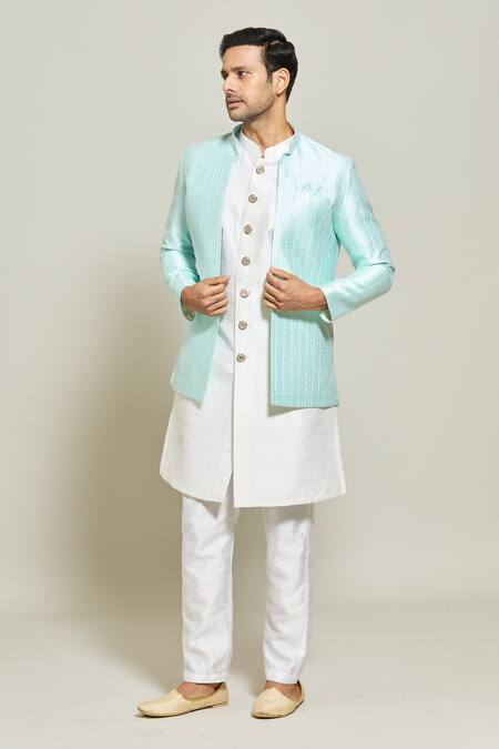 Shop Arihant Rai Sinha Blue Jacquard, Silk Jacket Pant Set Online at Aza Fashions Shop_Arihant Rai Sinha_Blue Jacquard, Silk Jacket Pant Set _Online_at_Aza_Fashions