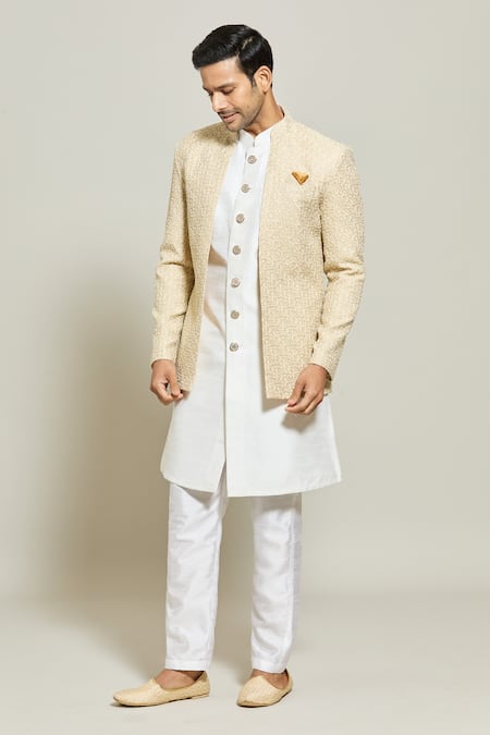Aryavir Malhotra Gold Silk Embroidered Sequin Jacket Kurta Set