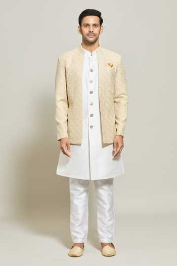 Shop_Arihant Rai Sinha_Gold Silk Embroidery Sequin Jacket Kurta Set_Online_at_Aza_Fashions