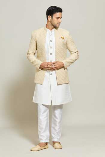 Arihant Rai Sinha_Gold Silk Embroidery Sequin Jacket Kurta Set_at_Aza_Fashions