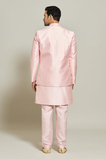 Shop Arihant Rai Sinha Pink Jacquard, Silk Embroidery Floral Stripe Pattern Jacket Kurta Set at Aza Fashions Shop_Arihant Rai Sinha_Pink Jacquard, Silk Embroidery Floral Stripe Pattern Jacket Kurta Set _at_Aza_Fashions