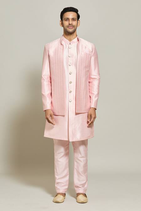 Shop Arihant Rai Sinha Pink Jacquard, Silk Embroidery Floral Stripe Pattern Jacket Kurta Set Online at Aza Fashions Shop_Arihant Rai Sinha_Pink Jacquard, Silk Embroidery Floral Stripe Pattern Jacket Kurta Set _Online_at_Aza_Fashions