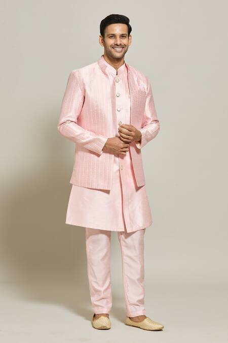 Arihant Rai Sinha Pink Jacquard, Silk Embroidery Floral Stripe Pattern Jacket Kurta Set at Aza Fashions Arihant Rai Sinha_Pink Jacquard, Silk Embroidery Floral Stripe Pattern Jacket Kurta Set _at_Aza_Fashions