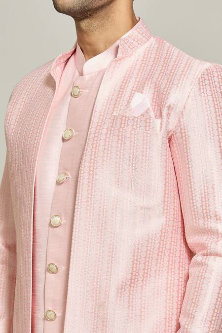 Buy Arihant Rai Sinha Pink Jacquard, Silk Embroidery Floral Stripe Pattern Jacket Kurta Set Buy_Arihant Rai Sinha_Pink Jacquard, Silk Embroidery Floral Stripe Pattern Jacket Kurta Set
