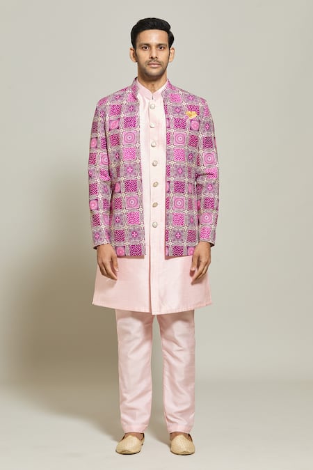 Shop Arihant Rai Sinha Purple Silk, Cotton Sequins Geometric Pattern Jacket Kurta Set Online at Aza Fashions Shop_Arihant Rai Sinha_Purple Silk, Cotton Sequins Geometric Pattern Jacket Kurta Set _Online_at_Aza_Fashions