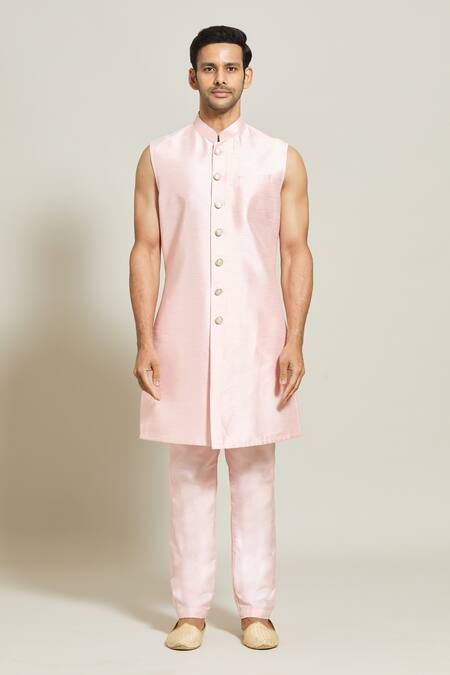 Arihant Rai Sinha Pink Jacquard, Silk Embroidery Woven Floral Pattern Jacket Kurta Set Online at Aza Fashions Arihant Rai Sinha_Pink Jacquard, Silk Embroidery Woven Floral Pattern Jacket Kurta Set _Online_at_Aza_Fashions