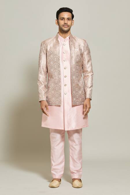 Shop Arihant Rai Sinha Pink Jacquard, Silk Embroidery Woven Floral Pattern Jacket Kurta Set Online at Aza Fashions Shop_Arihant Rai Sinha_Pink Jacquard, Silk Embroidery Woven Floral Pattern Jacket Kurta Set _Online_at_Aza_Fashions