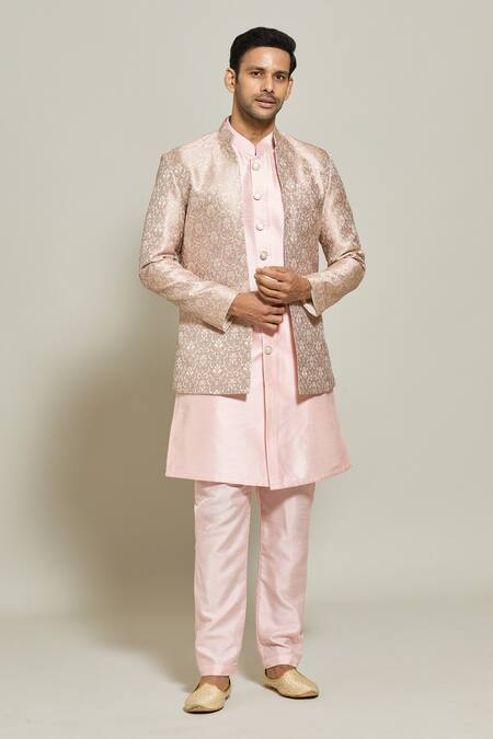 Arihant Rai Sinha Pink Jacquard, Silk Embroidery Woven Floral Pattern Jacket Kurta Set at Aza Fashions Arihant Rai Sinha_Pink Jacquard, Silk Embroidery Woven Floral Pattern Jacket Kurta Set _at_Aza_Fashions
