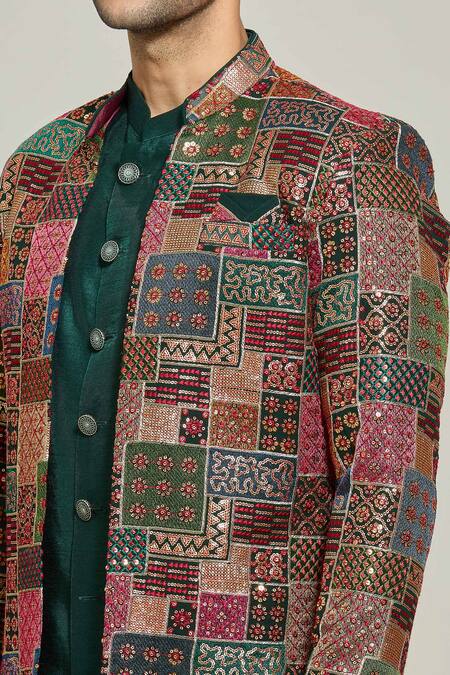 Shop_Arihant Rai Sinha_Green Georgette, Silk Sequins, Embroidery And Thread Jacket Kurta Set _Online_at_Aza_Fashions