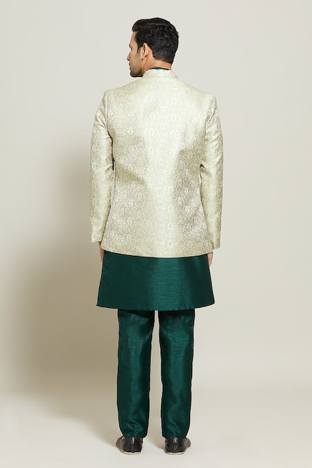 Shop Arihant Rai Sinha Green Jacquard, Silk Embroidery Woven Floral Pattern Jacket Pant Set at Aza Fashions Shop_Arihant Rai Sinha_Green Jacquard, Silk Embroidery Woven Floral Pattern Jacket Pant Set _at_Aza_Fashions