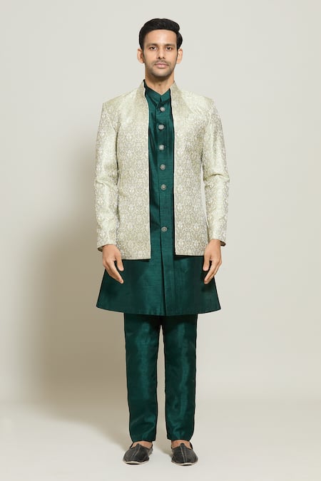 Shop Arihant Rai Sinha Green Jacquard, Silk Embroidery Woven Floral Pattern Jacket Pant Set Online at Aza Fashions Shop_Arihant Rai Sinha_Green Jacquard, Silk Embroidery Woven Floral Pattern Jacket Pant Set _Online_at_Aza_Fashions
