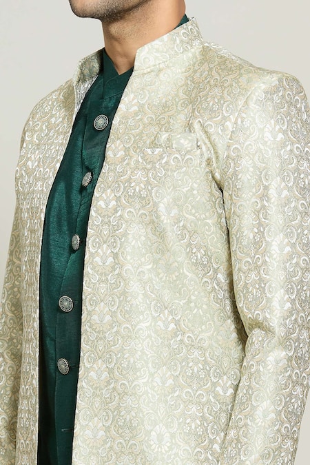 Arihant Rai Sinha Green Jacquard, Silk Embroidery Woven Floral Pattern Jacket Pant Set at Aza Fashions Arihant Rai Sinha_Green Jacquard, Silk Embroidery Woven Floral Pattern Jacket Pant Set _at_Aza_Fashions