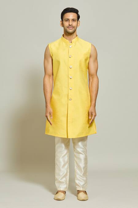 Arihant Rai Sinha_Yellow Jacquard, Silk Embroidery Woven Floral Stripe Pattern Jacket Kurta Set_Online_at_Aza_Fashions