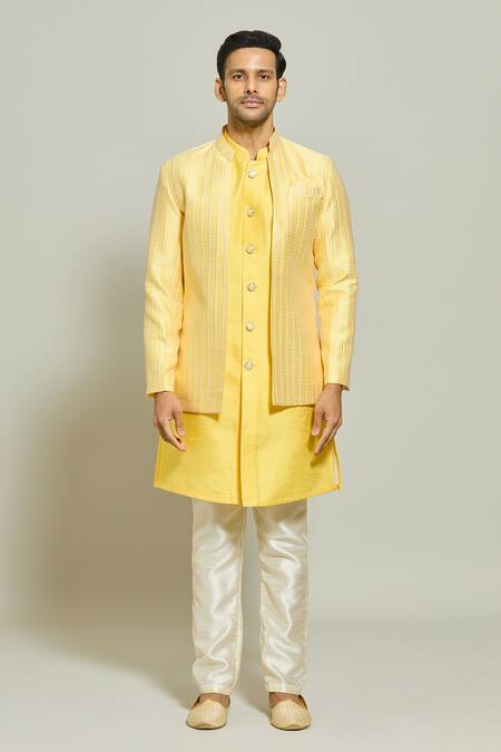 Buy_Arihant Rai Sinha_Yellow Jacquard, Silk Embroidery Woven Floral Stripe Pattern Jacket Kurta Set_Online_at_Aza_Fashions