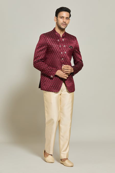 Aryavir Malhotra Maroon Bandhgala Jacquard Woven Floral Geometric Pattern And Trouser Set
