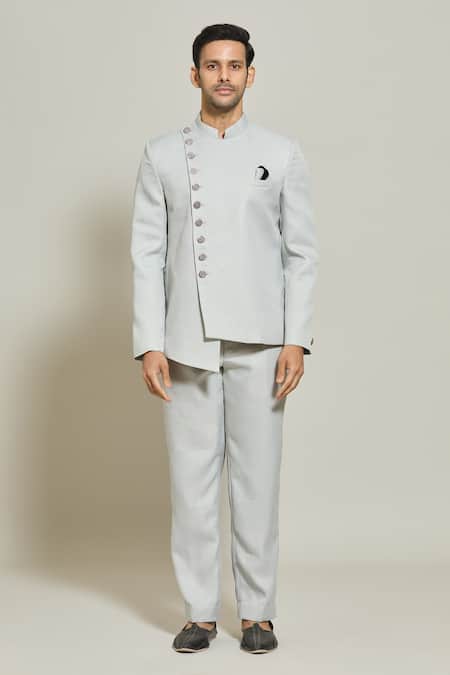 Arihant Rai Sinha Grey Terrycloth, Rayon Asymmetric Button Down Bandhgala And Trouser Set Online at Aza Fashions Arihant Rai Sinha_Grey Terrycloth, Rayon Asymmetric Button Down Bandhgala And Trouser Set _Online_at_Aza_Fashions