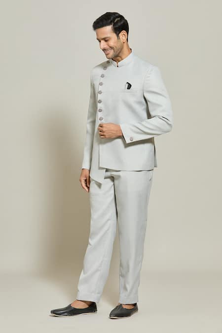 Buy Arihant Rai Sinha Grey Terrycloth, Rayon Asymmetric Button Down Bandhgala And Trouser Set Online at Aza Fashions Buy_Arihant Rai Sinha_Grey Terrycloth, Rayon Asymmetric Button Down Bandhgala And Trouser Set _Online_at_Aza_Fashions