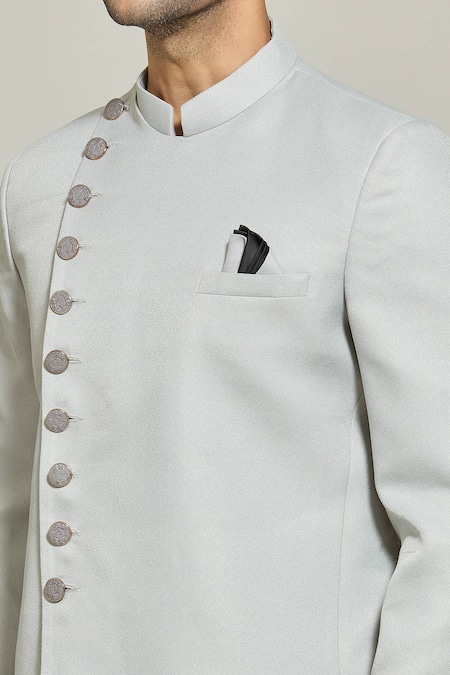 Shop Arihant Rai Sinha Grey Terrycloth, Rayon Asymmetric Button Down Bandhgala And Trouser Set Online at Aza Fashions Shop_Arihant Rai Sinha_Grey Terrycloth, Rayon Asymmetric Button Down Bandhgala And Trouser Set _Online_at_Aza_Fashions