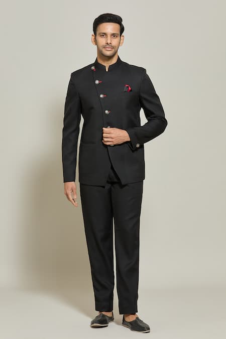 Aryavir Malhotra Black Terry Rayon Band Collar Bandhgala And Trouser Set 