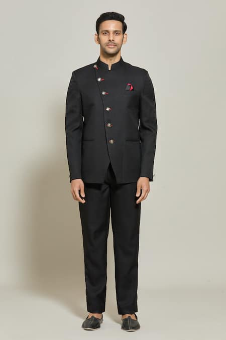 Arihant Rai Sinha_Black Terrycloth, Rayon Band Collar Bandhgala And Trouser Set _Online_at_Aza_Fashions