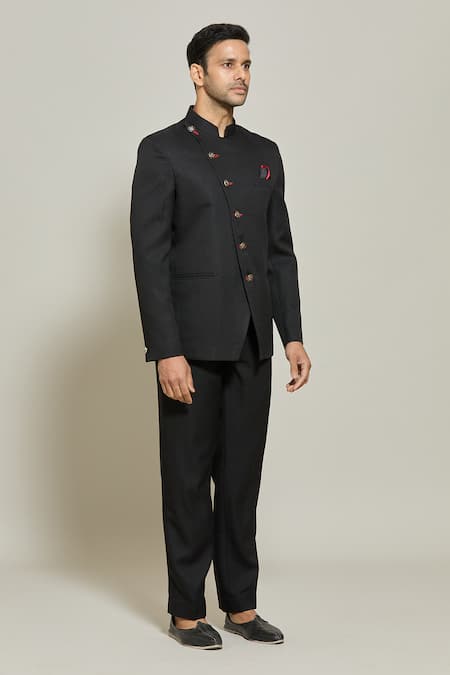 Buy_Arihant Rai Sinha_Black Terrycloth, Rayon Band Collar Bandhgala And Trouser Set _Online_at_Aza_Fashions