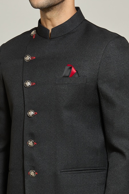 Shop_Arihant Rai Sinha_Black Terrycloth, Rayon Band Collar Bandhgala And Trouser Set _Online_at_Aza_Fashions