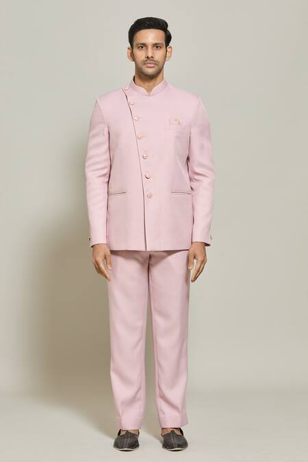 Arihant Rai Sinha_Pink Terrycloth, Rayon Button Down Solid Bandhgala And Trouser Set _Online_at_Aza_Fashions