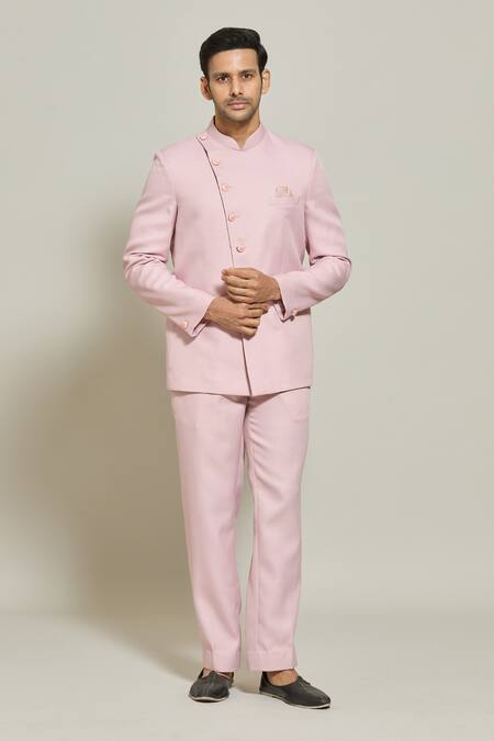 Buy_Arihant Rai Sinha_Pink Terrycloth, Rayon Button Down Solid Bandhgala And Trouser Set _Online_at_Aza_Fashions