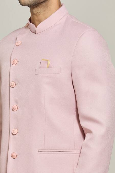 Shop_Arihant Rai Sinha_Pink Terrycloth, Rayon Button Down Solid Bandhgala And Trouser Set _Online_at_Aza_Fashions