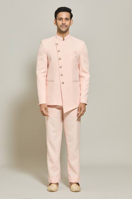 Arihant Rai Sinha_Peach Terrycloth Asymmetric Button Down Bandhgala With Trouser _Online_at_Aza_Fashions