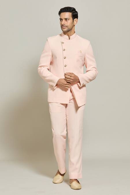 Buy_Arihant Rai Sinha_Peach Terrycloth Asymmetric Button Down Bandhgala With Trouser _Online_at_Aza_Fashions
