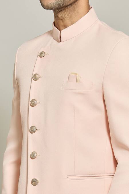 Shop_Arihant Rai Sinha_Peach Terrycloth Asymmetric Button Down Bandhgala With Trouser _Online_at_Aza_Fashions